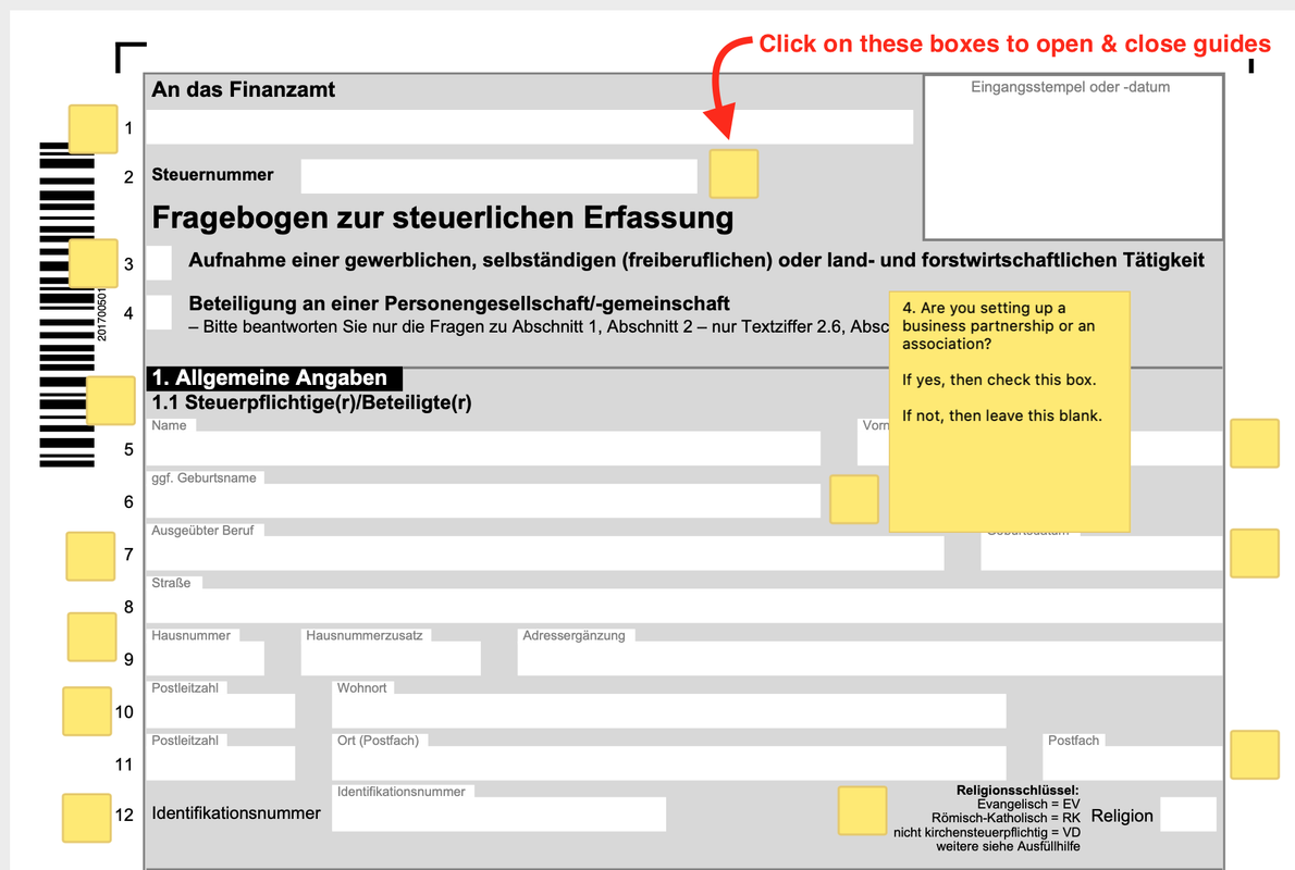 Fragebogen zur Steuerlichen Erfassung in English