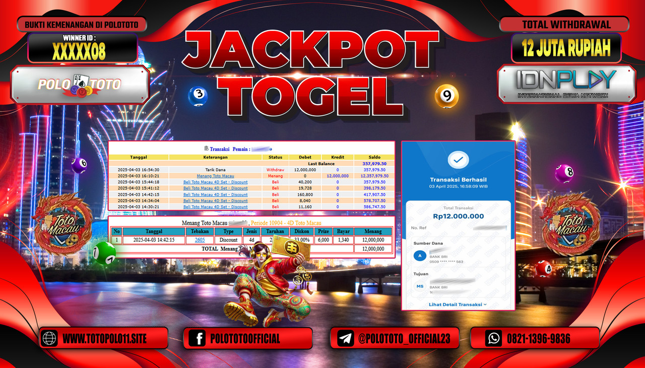 POLOTOTO JACKPOT TOGEL TOTO MACAU 4D Rp.12.000.000,-