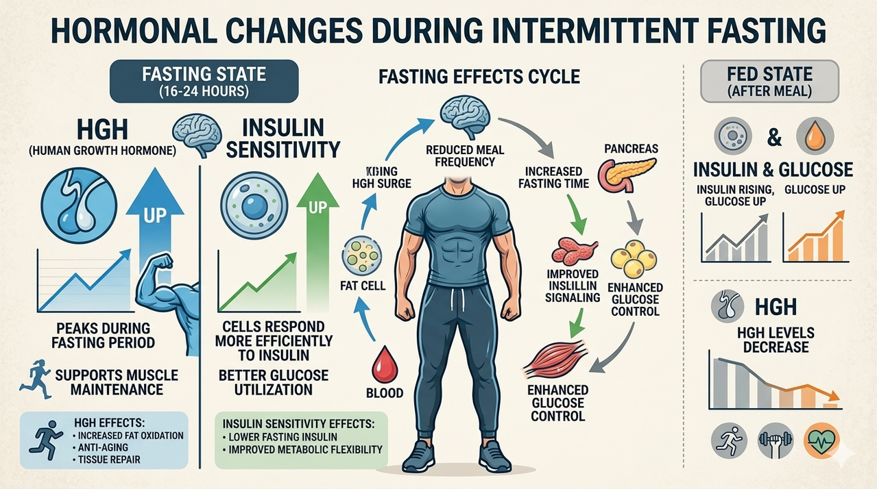 Diagram showing hormonal changes during intermittent fasting - increased growth hormone and insulin sensitivity for bodybuilders