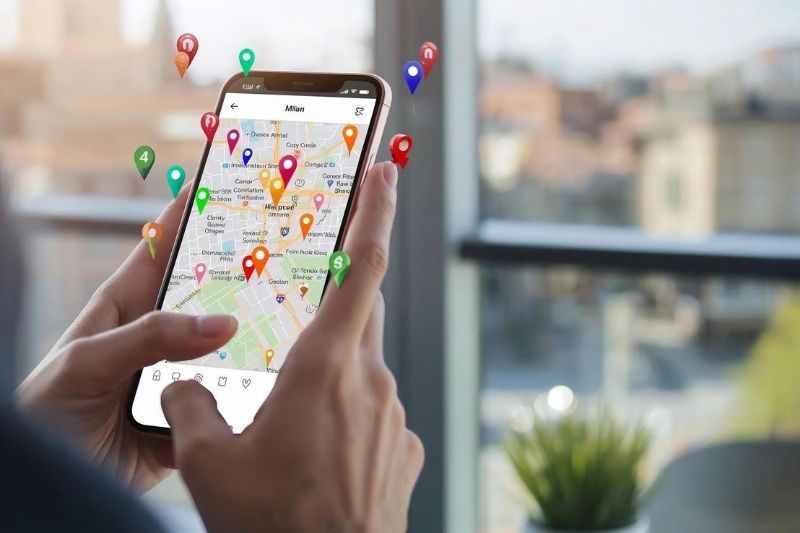 Geotagging e hashtag locali per aumentare la visibilità Mani che tengono uno smartphone con mappa di Milano e numerosi pin colorati di localizzazione, rappresentazione visiva del geotagging e delle strategie di marketing locale