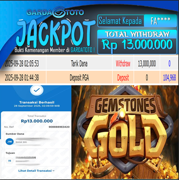 JACKPOT DI PERMAINAN SLOT GEMS STONE GOLD WD Rp13.000.000