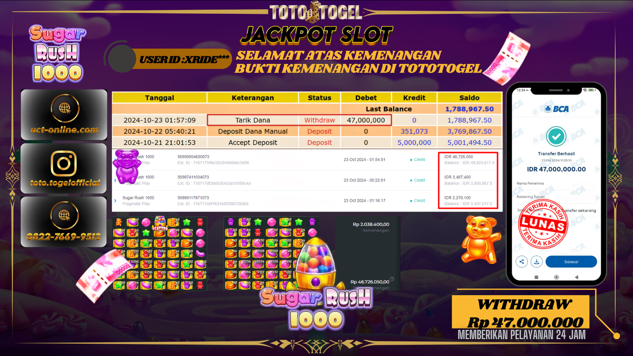 Bukti Pembayaran Permainan Jackpot Slot Sugar Rush 1000 ID : XRIDE*** LUNAS