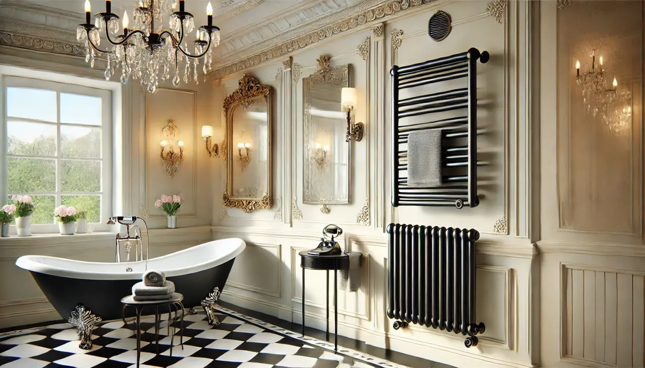 Полотенцесушитель черного цвета в классическом интерьере
