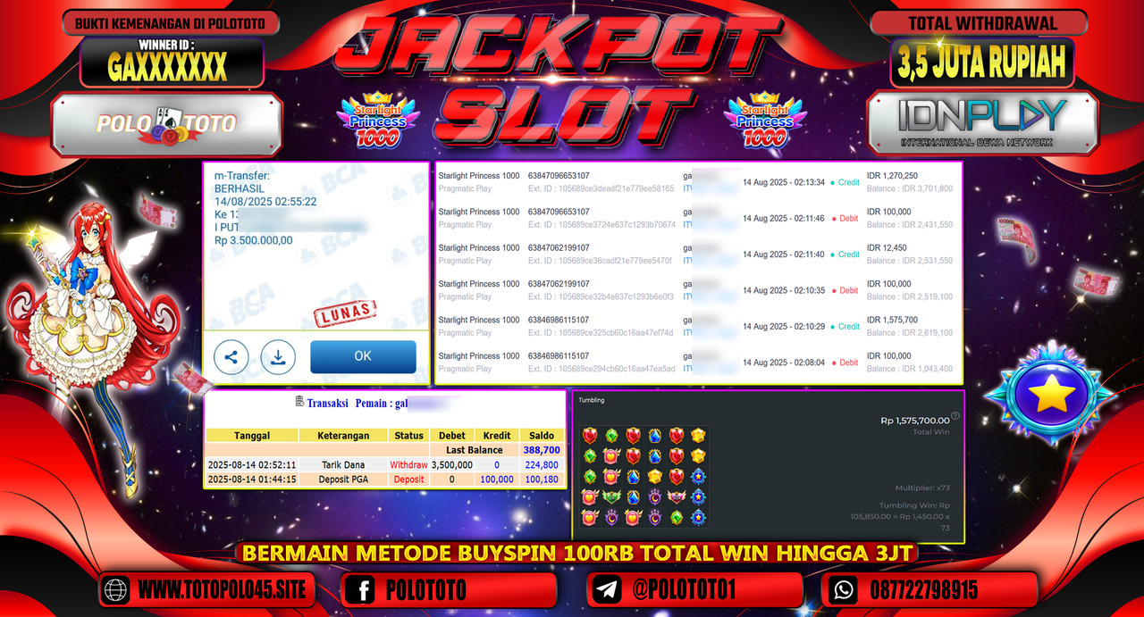 POLOTOTO JACKPOT SLOT STARLIGHT PRINCESS 1000 Rp.3.500.000,-LUNAS