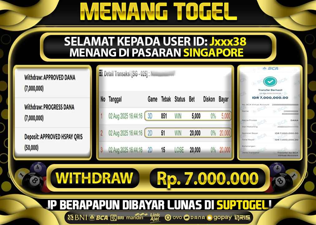  BUKTI KEMENANGAN 2 AGUSTUS 2025 MENANG DI PASARAN SINGAPORE  TOTAL WD 7 JUTA