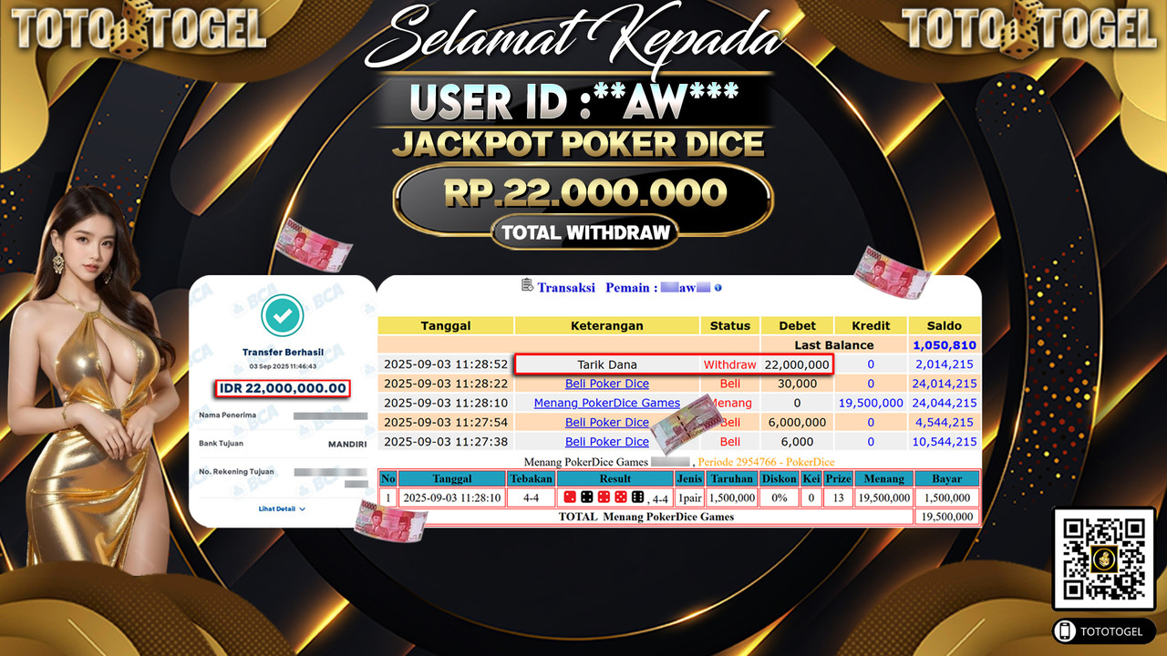 Bukti Pembayaran Jackpot Permainan Live Game Poker Dice ID:**AW*** LUNAS
