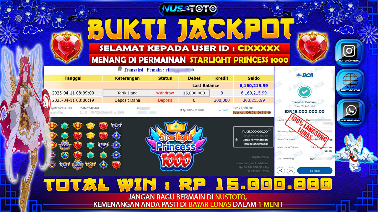 JACKPOT !! MENANG BESAR DI SLOT STARLIGHT PRINCESS 1000 Rp. 15.000.000 LANGSUNG DI BAYAR LUNAS NUSTOTO !!
