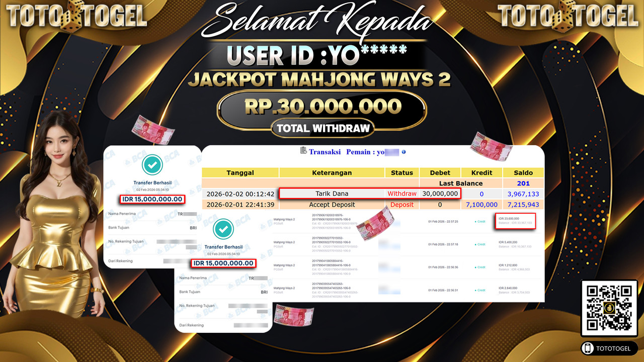 Bukti Pembayaran Jackpot Permainan Slot Mahjong Ways 2 ID:YO*****LUNAS