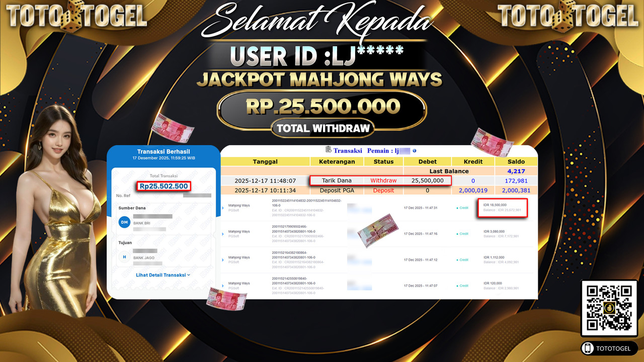 Bukti Pembayaran Jackpot Permainan Slot Mahjong Ways ID:LJ***** LUNAS