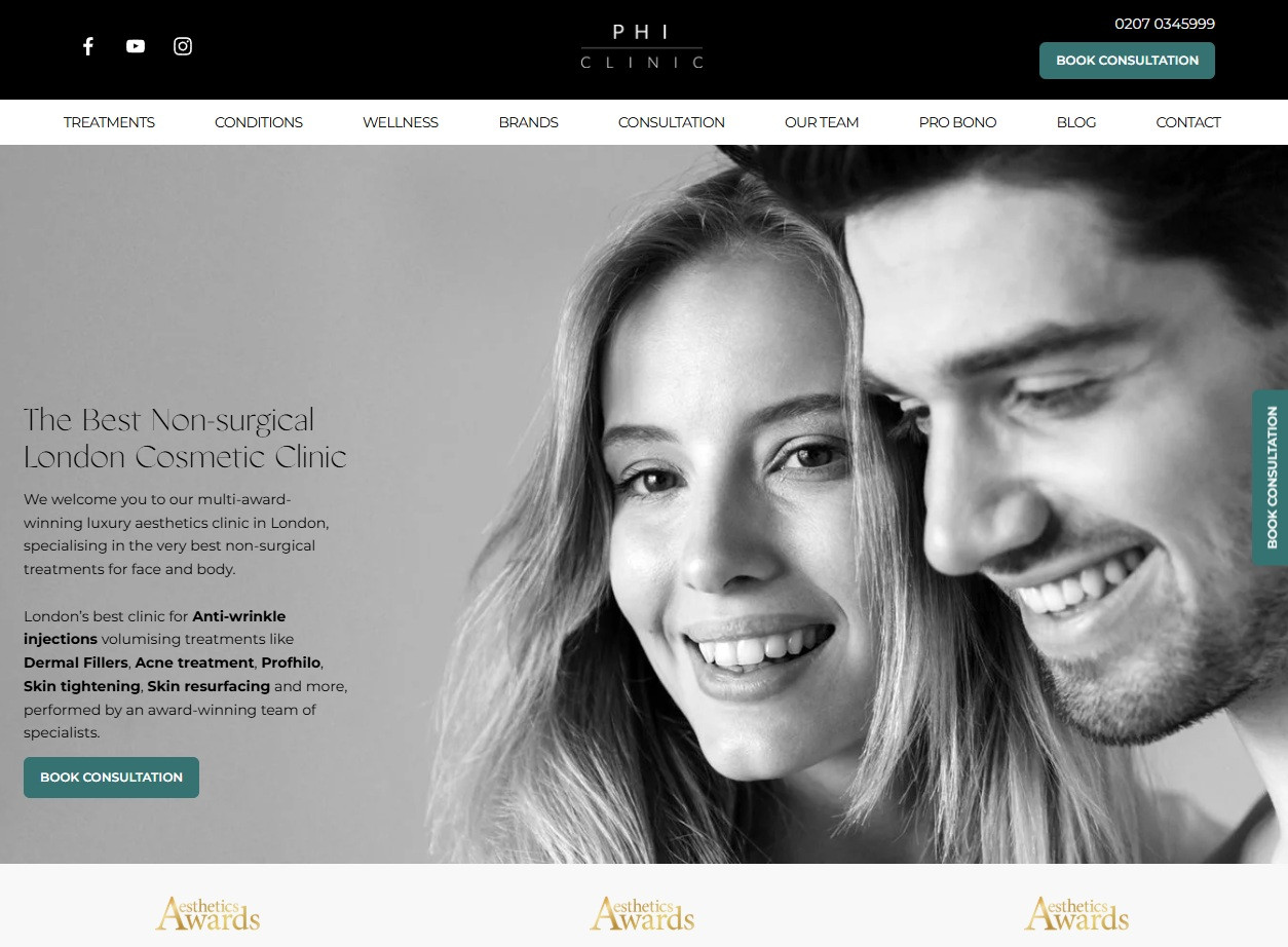 Phi clinic banner featuring patients for cosmetic dermatology services.