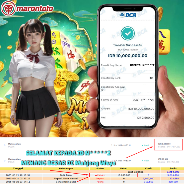 Bukti Kemenangan Member Marontoto Sebesar 10,000,000 JuTa