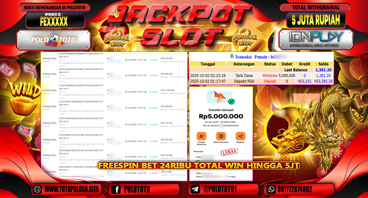 POLOTOTO JACKPOT SLOT MAHJONG WAYS Rp.5.000.000,- LUNAS