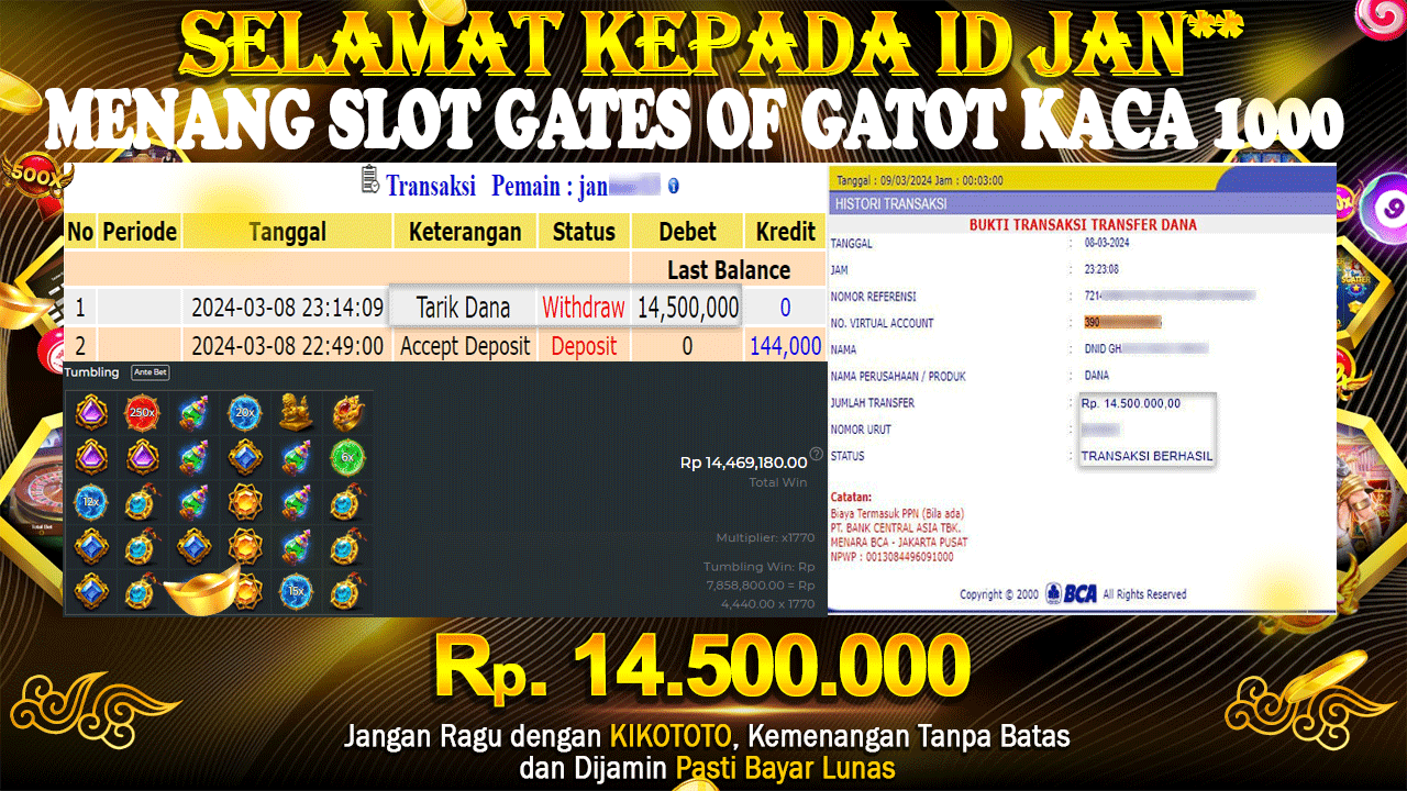 JECKPOT !! MODAL KECIL DAPAT MENANG BESAR DI SLOT ONLINE GATES OF GATOT KACA 1000 SEBESAR Rp 14,500,000 LANGSUNG DAN TANPA BASA BASI DI BAYAR KIKOTOTO !!!