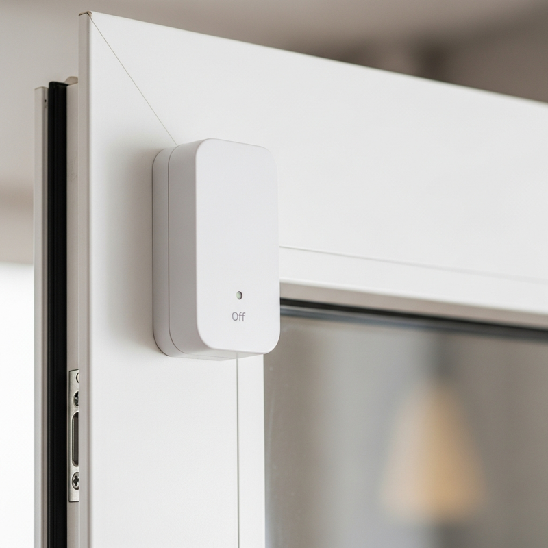 Small wireless alarm sensor installed on sliding glass door frame for smart home security