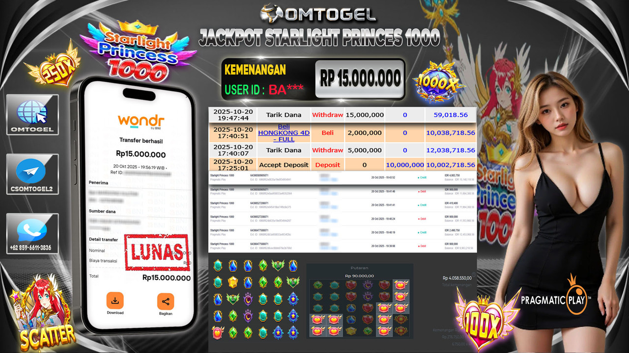 OMTOGEL JACKPOT PRAGMATIC PLAY STARLIGHT PRINCESS 1000 15 JUTA DI BAYAR LUNAS ,-