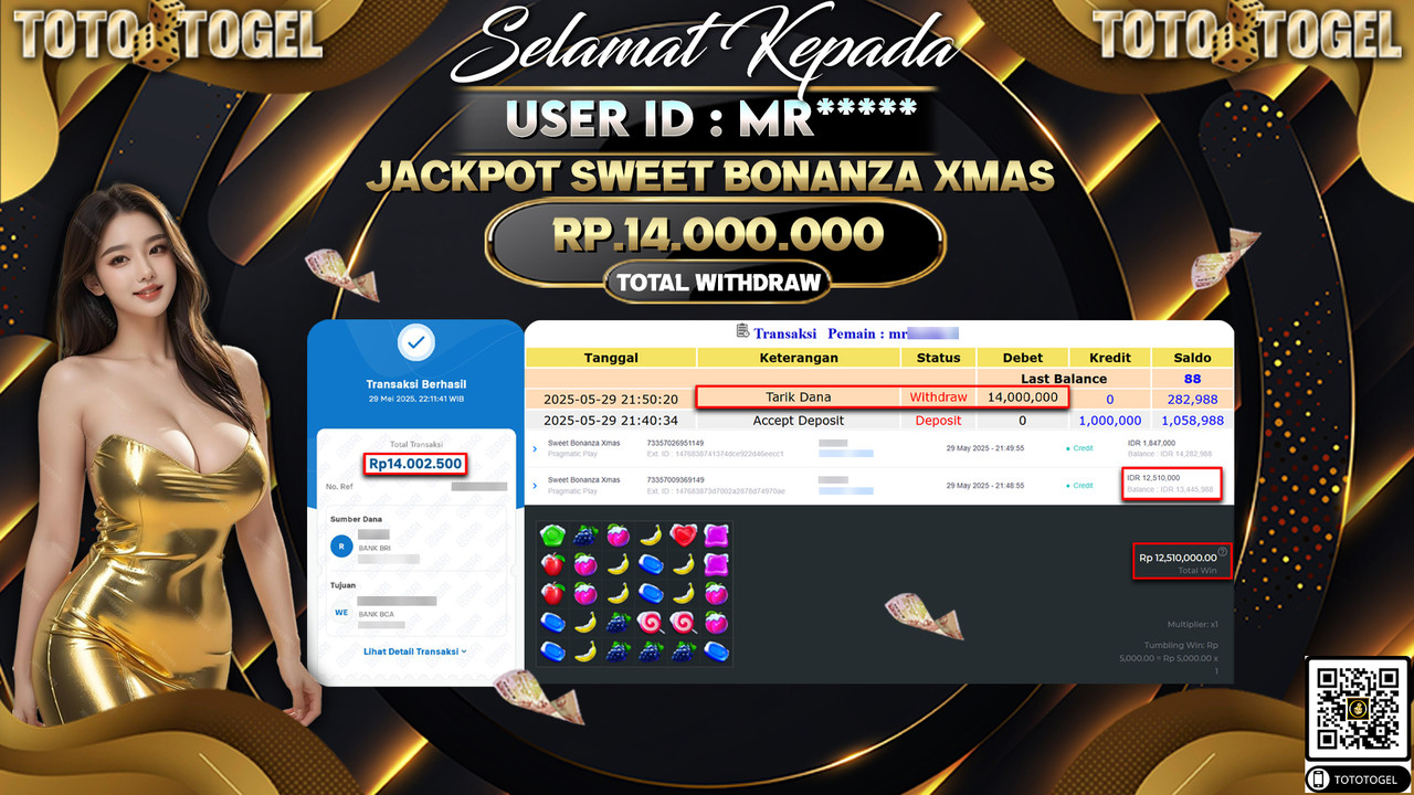 Bukti Pembayaran Jackpot Permainan Slot Sweet Bonanza XMas ID:MR***** LUNAS