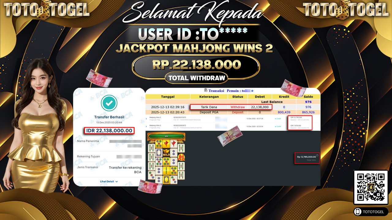 Bukti Pembayaran Jackpot Permainan Slot Mahjong Wins 2 ID:TO***** LUNAS