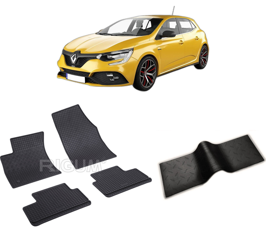 Set covorase auto RENAULT MEGANE IV din 01.2016-PREZENT, cu covoras tunel median, CAROSERIE HATCHBACK, Presuri cauciuc 100%, compatibil cu autoturismul RENAULT MEGANE IV, Rigum