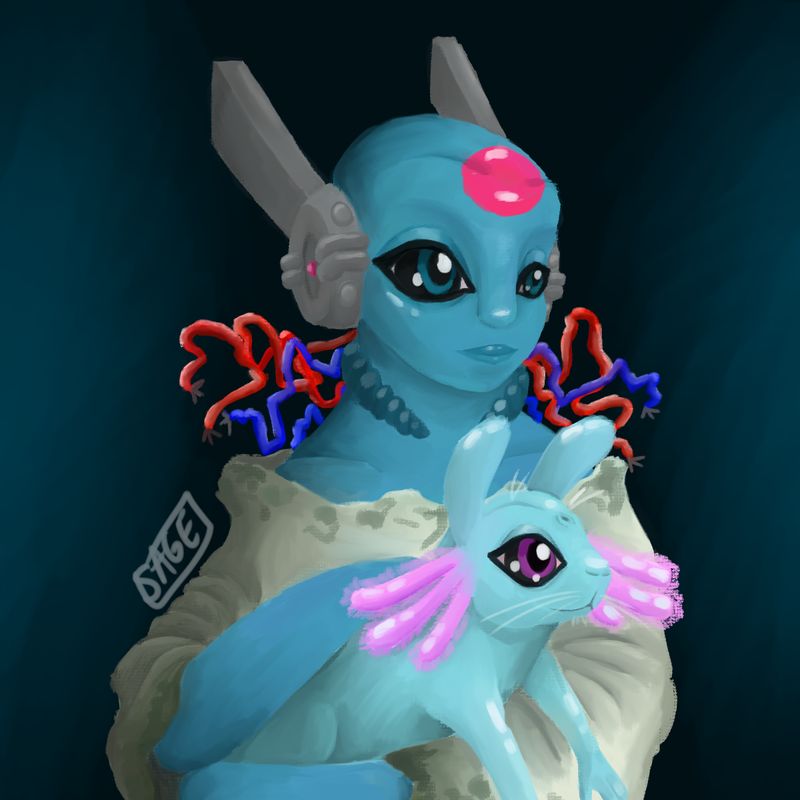 a digital painting of looks to the moon from rain world as the classic lady with an ermine, but the ermine in question is actually rivulet