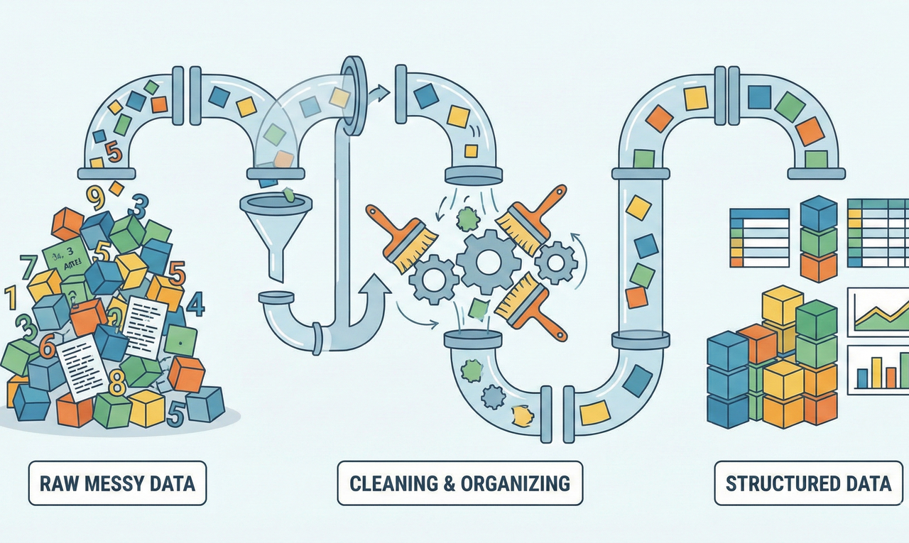 Diagram showing messy data entering a pipeline, being cleaned and organized, and structured data output