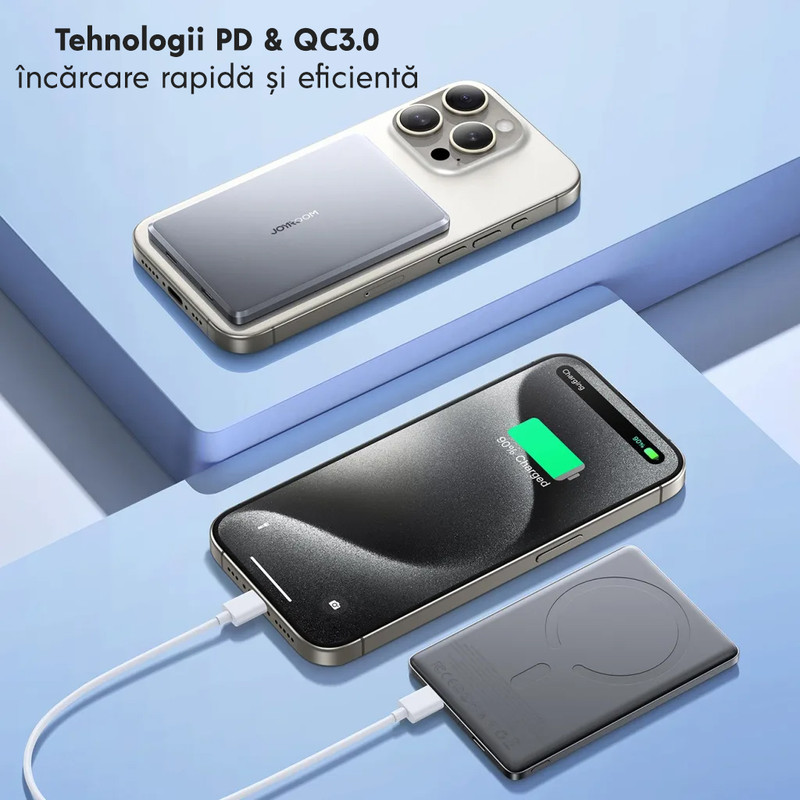 Baterie externa cu incarcare wireless Joyroom PBM08 Pro, 20W, 1xUSB-C, 1xUSB, PD, QC3.0, 10000 mAh, Incarcare rapida, Gri 104373 copy