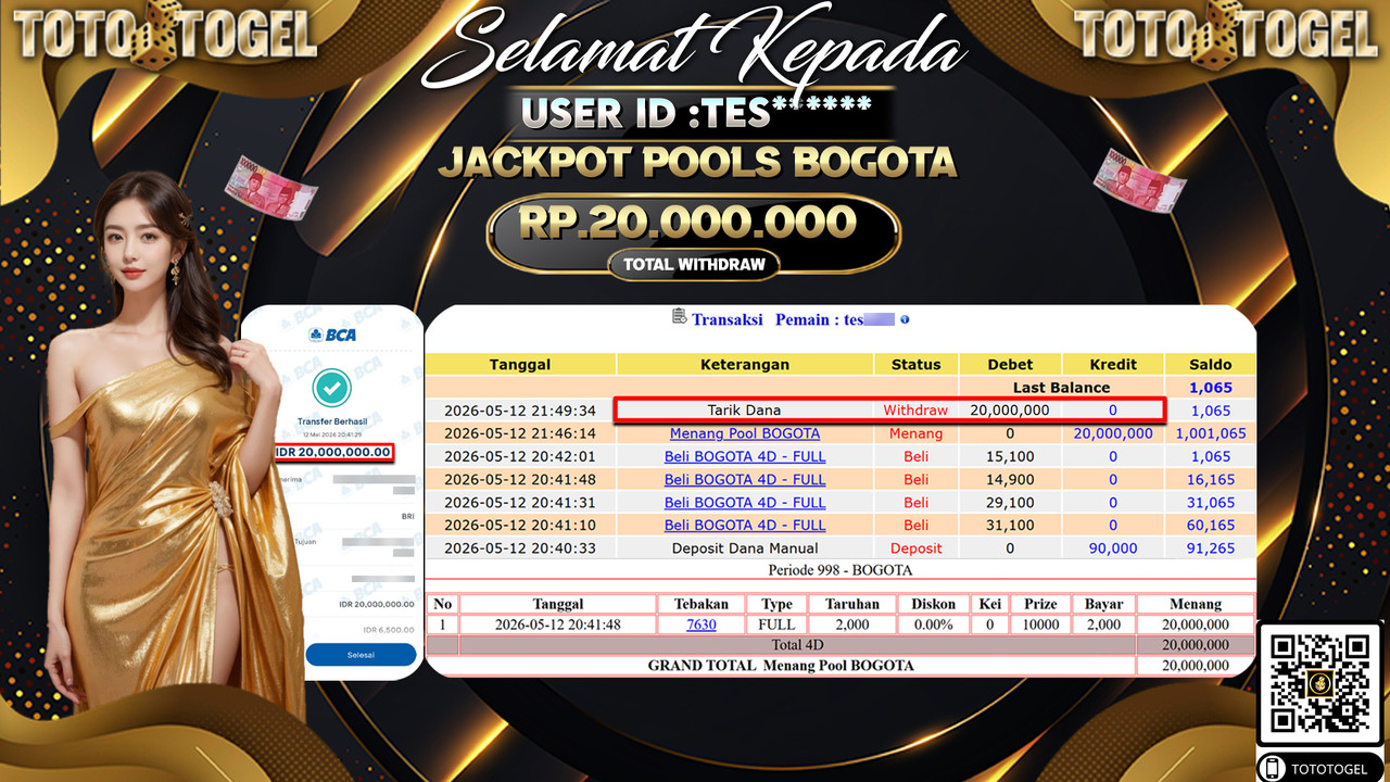 Bukti Pembayaran Jackpot Permainan Togel Pools Bogota ID:TES*****LUNAS