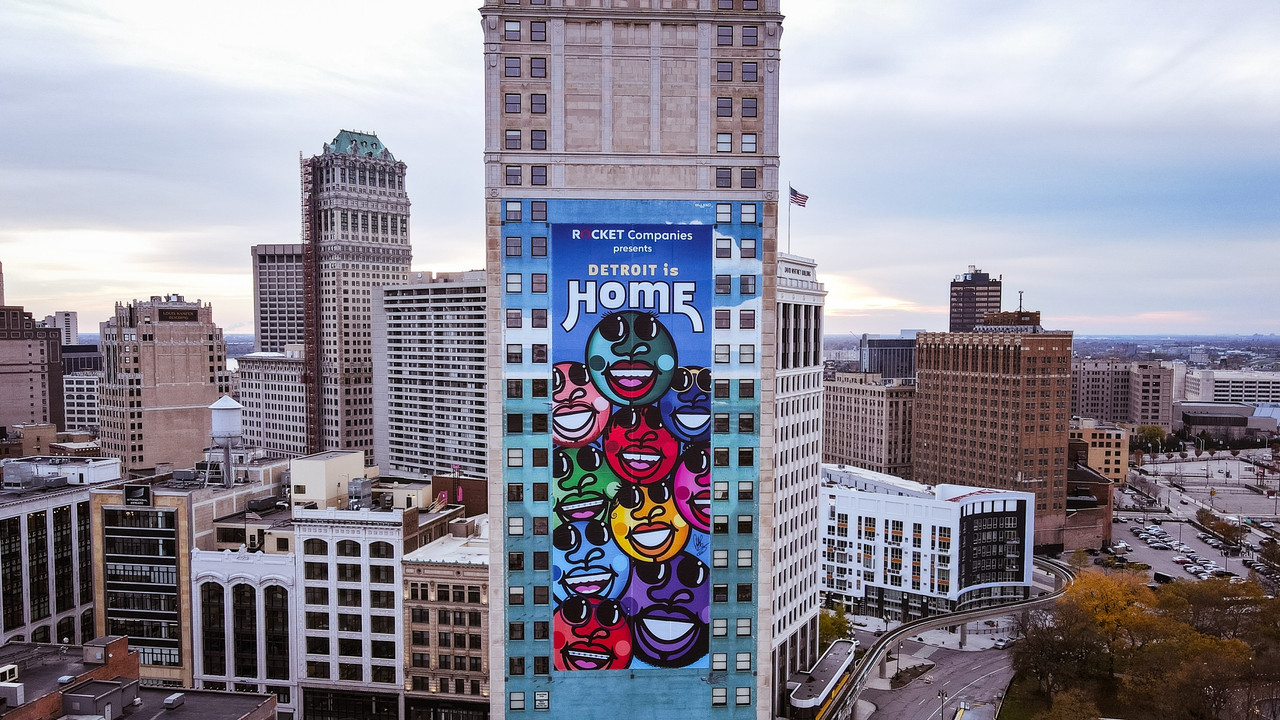 Phillip Simpson's Detroit is Home mural on Broderick Tower downtown Detroit