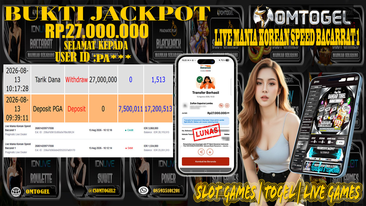 OMTOGEL JACKPOT PRAGMATIC LIVE DEALER LIVE MANIA KOREAN SPEED BACCARAT 1 Rp,27,000,000,- DIBAYAR LUNAS