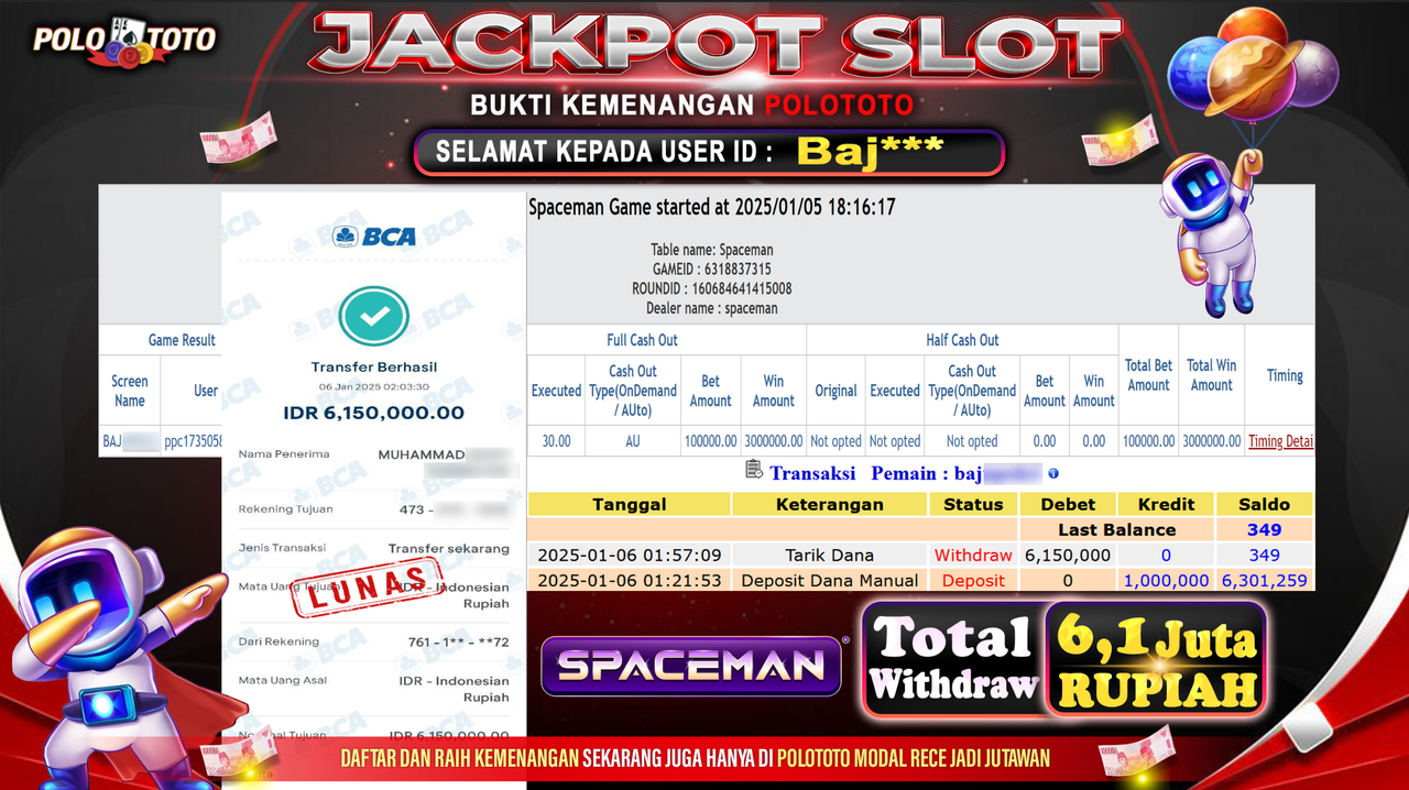 POLOTOTO JACKPOT SLOT SPACEMAN Rp.6,150.000,-