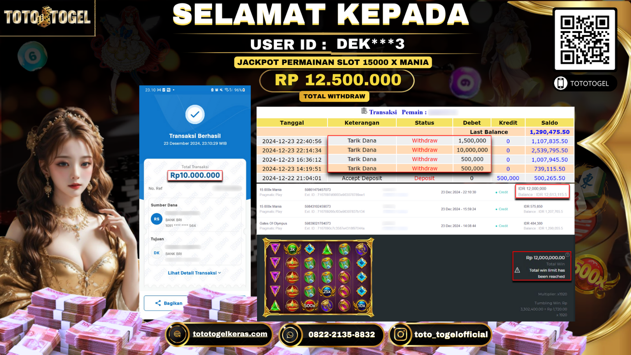 Bukti Pembayaran Jackpot  Permainan Slot 15000 X MANIA : DEK***3 LUNAS