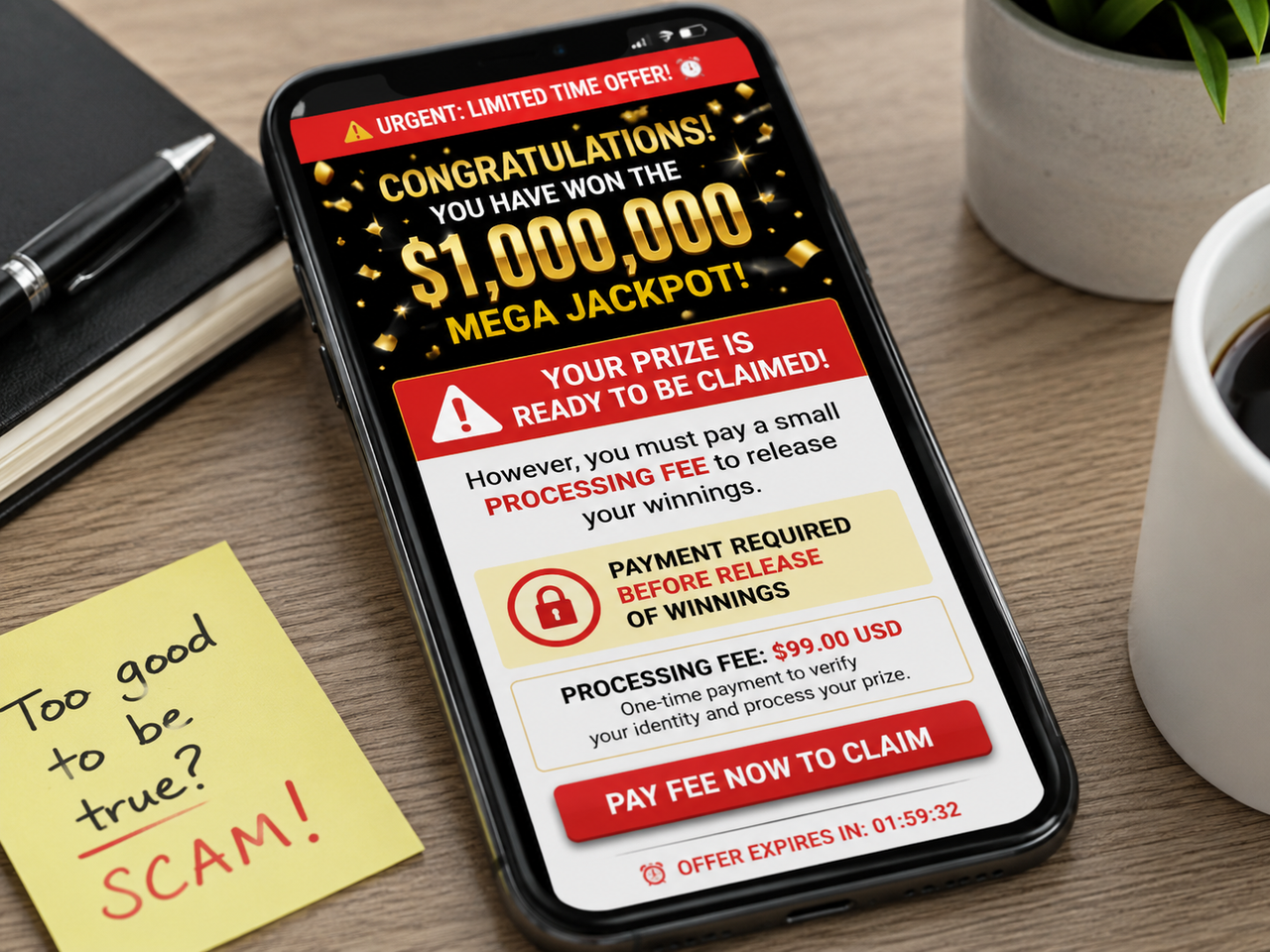 Fake prize message claiming the user has won a large jackpot but must pay a processing fee