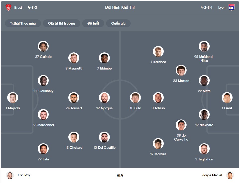 doi hinh Stade Brestois 29 vs Lyon