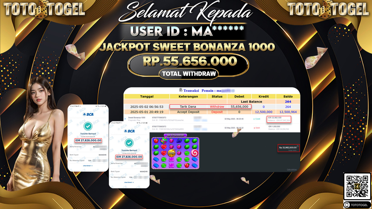 Bukti Pembayaran Jackpot  Permainan Slot Sweet Bonanza 1000 ID:MA***** LUNAS