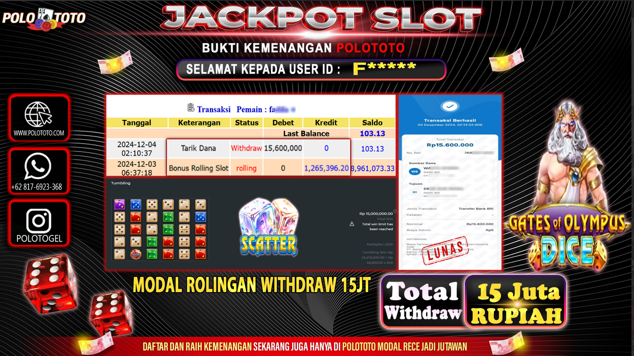 POLOTOTO JACKPOT SLOT GATES OF OLYMPUS DICE Rp.15,600.000,-