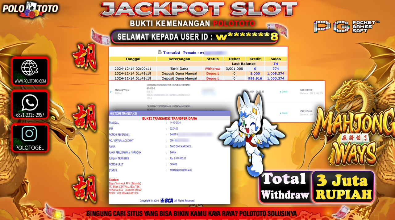 POLOTOTO JACKPOT SLOT MAHJONG WAYS Rp.3,001.000,-