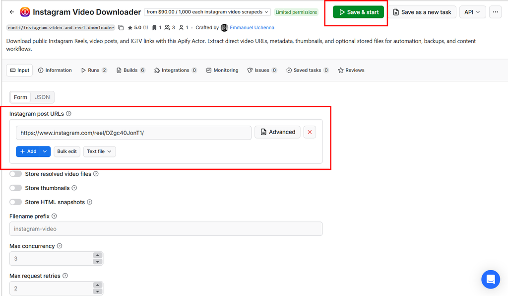 Sample Input on Apify Console