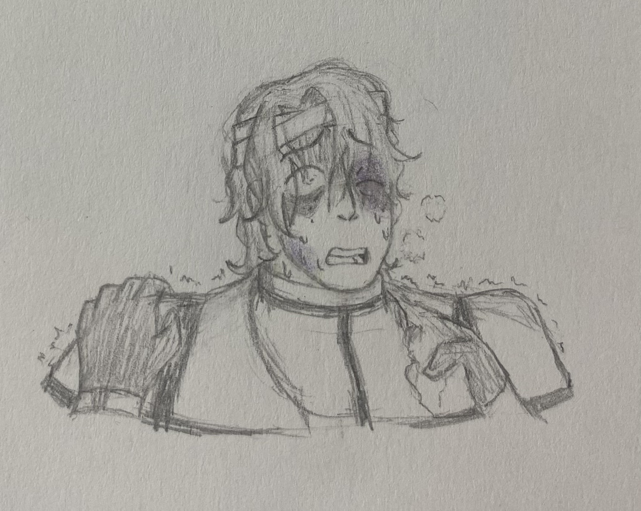 A drawing of Shidou with hypothetical T1 guilty injuries, the most notable ones being a black eye, a bandaged head injury and a bruise on his jaw. He looks completely terrified, his pupil unfocused and his mouth hanging open, visible puffs of breath coming out.