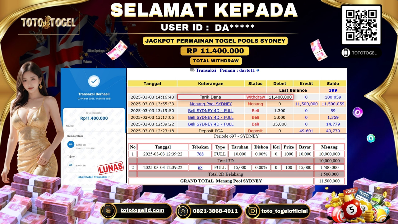 Bukti Pembayaran Jackpot  Permainan Togel Pools Sydney  ID:DA***** LUNAS