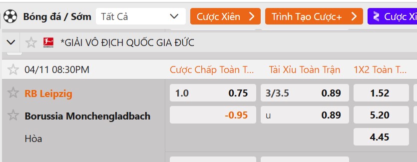 Tỷ lệ kèo Leipzig vs Monchengladbach