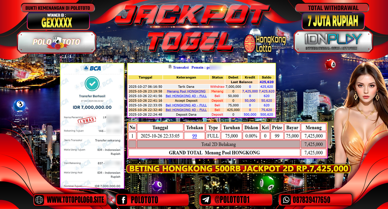 POLOTOTO JACKPOT TOGEL MENANG HONGKONG LOTTO Rp.7.000.000,- LUNAS