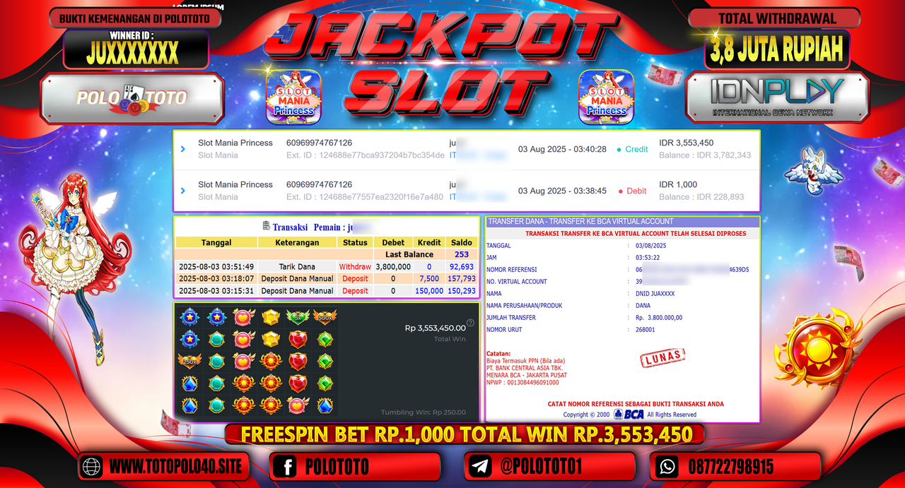 POLOTOTO JACKPOT SLOT MANIA PRINCESS Rp.3.800.000,-LUNAS