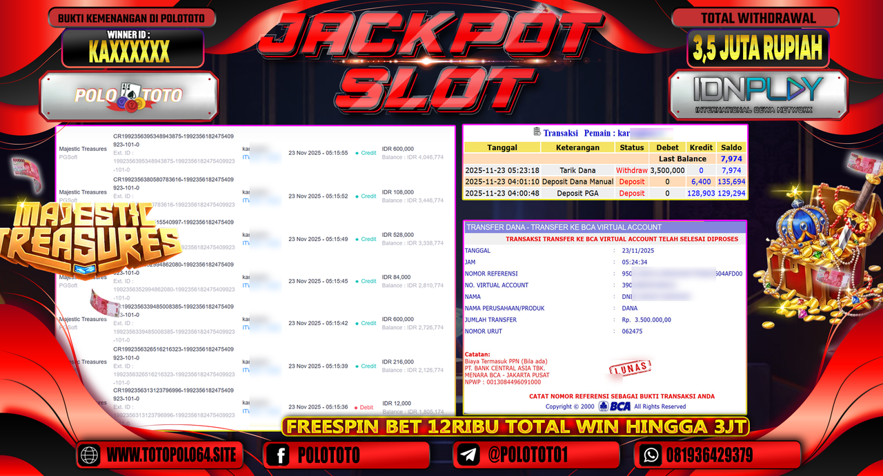 POLOTOTO JACKPOT SLOT MAJESTIC TREASURES Rp.3.500.000,- LUNAS