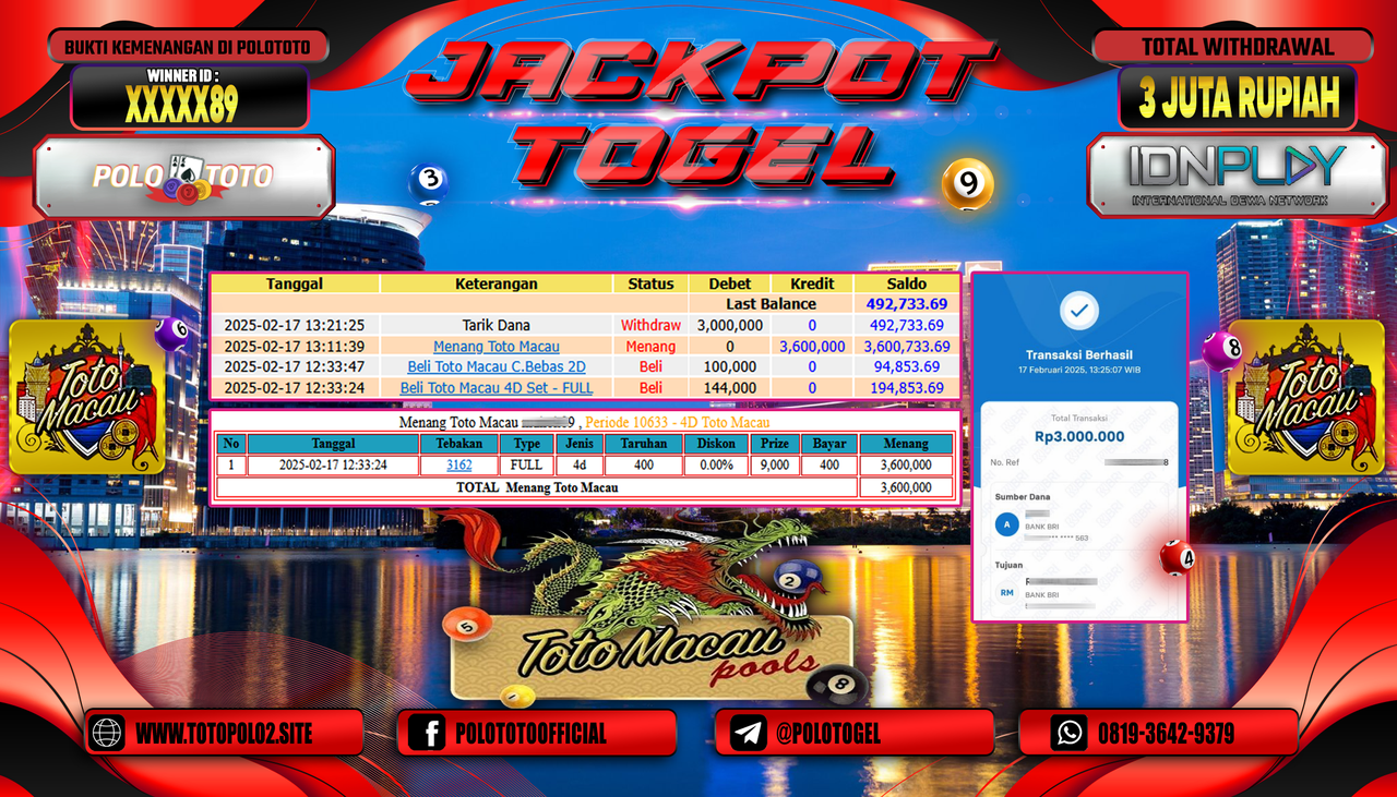 POLOTOTO JACKPOT TOGEL TOTO MACAU 4D Rp.3.000.000,-