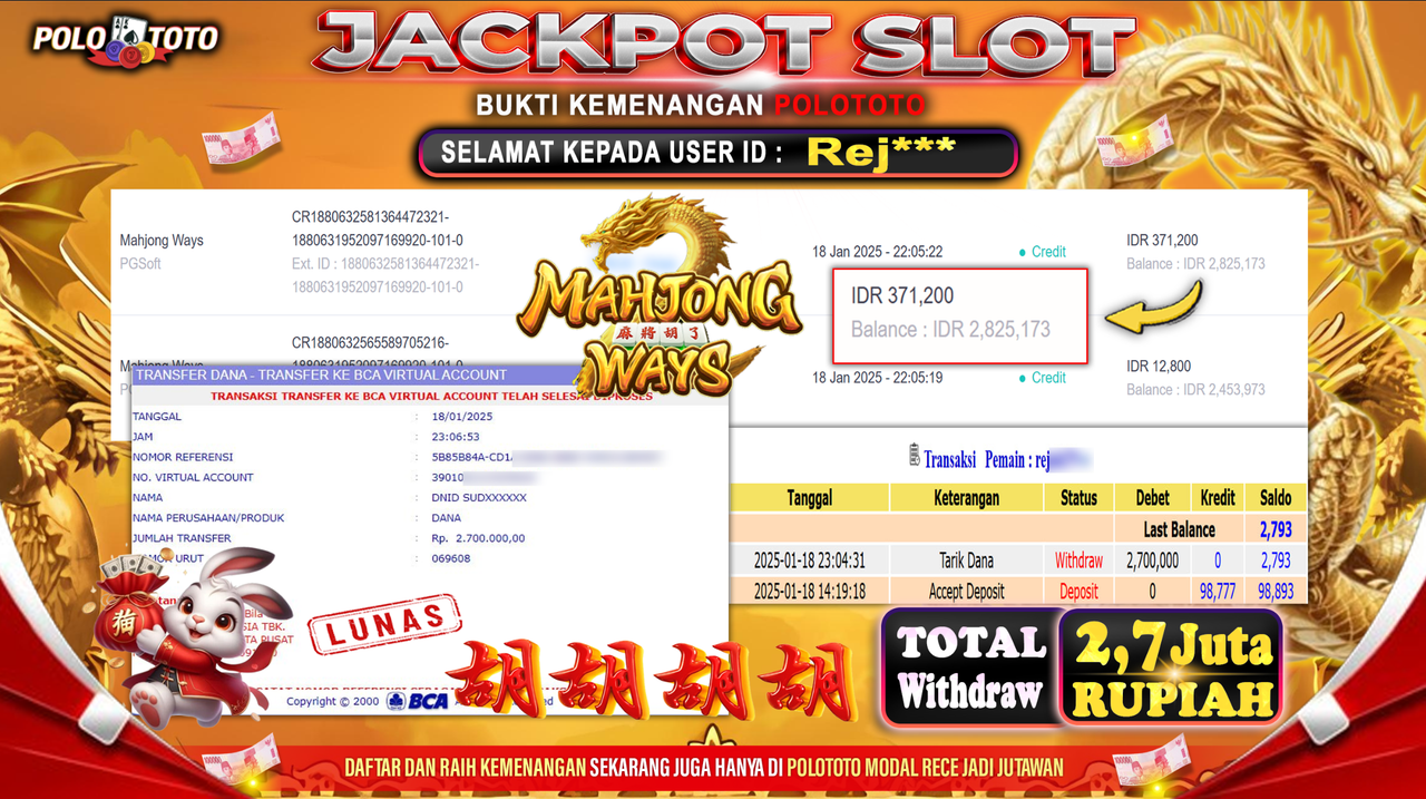 POLOTOTO JACKPOT SLOT MAHJONG WAYS Rp.2,700.000,-