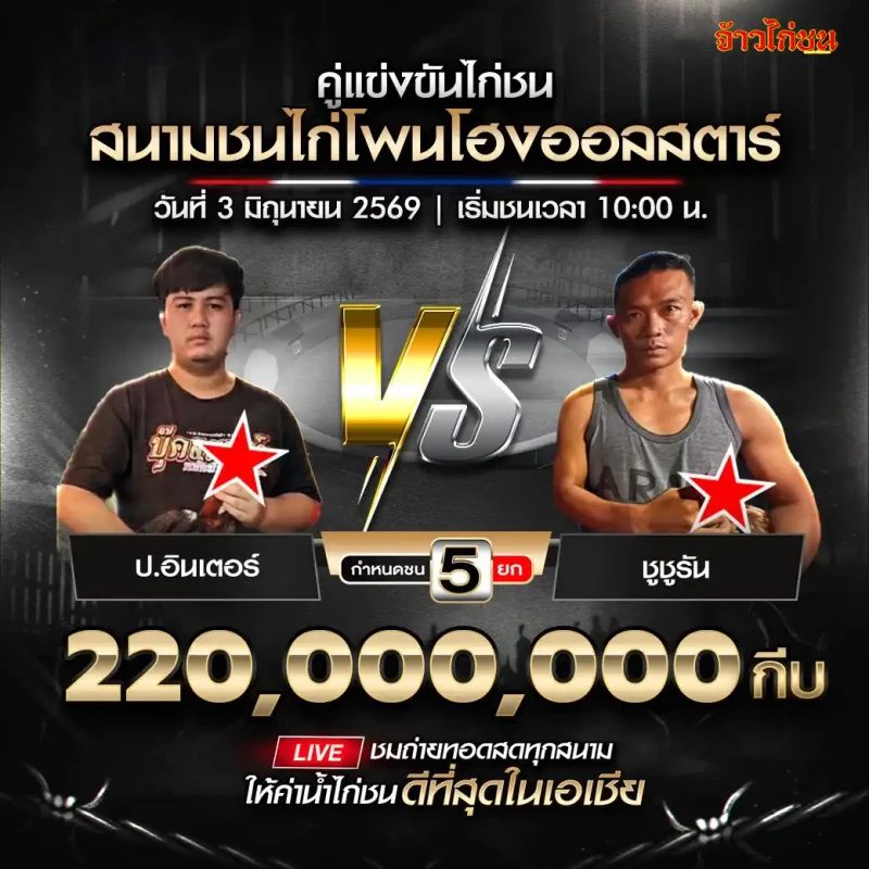 ป.อินเตอร์ vs ชูชูรัน สนามชนไก่โพนโฮงออลสตาร์ วันที่ 3 มิถุนายน 2026