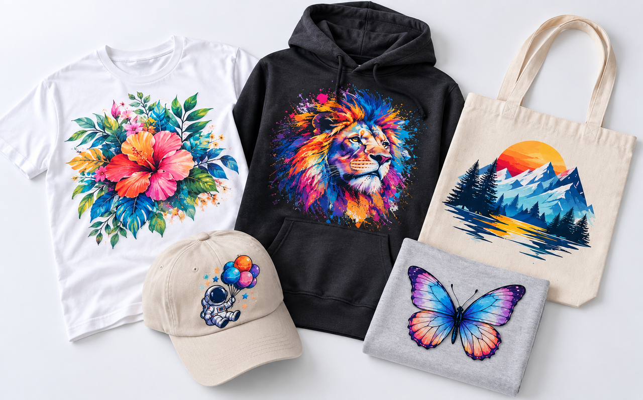 DTF transfers applied to shirts, hoodies, bags and apparel