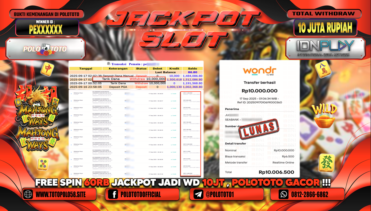 POLOTOTO JACKPOT SLOT MAHJONG WAYS Rp.10.000.000,-