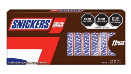Bodega Aurrera: Chocolate con leche Snickers snack 11 pzas de 21.5 g c/u
