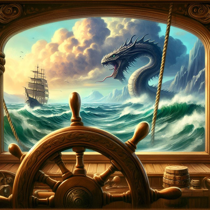 Imagen de marinero enfrentando una serpiente marina en el mar generada con IA
