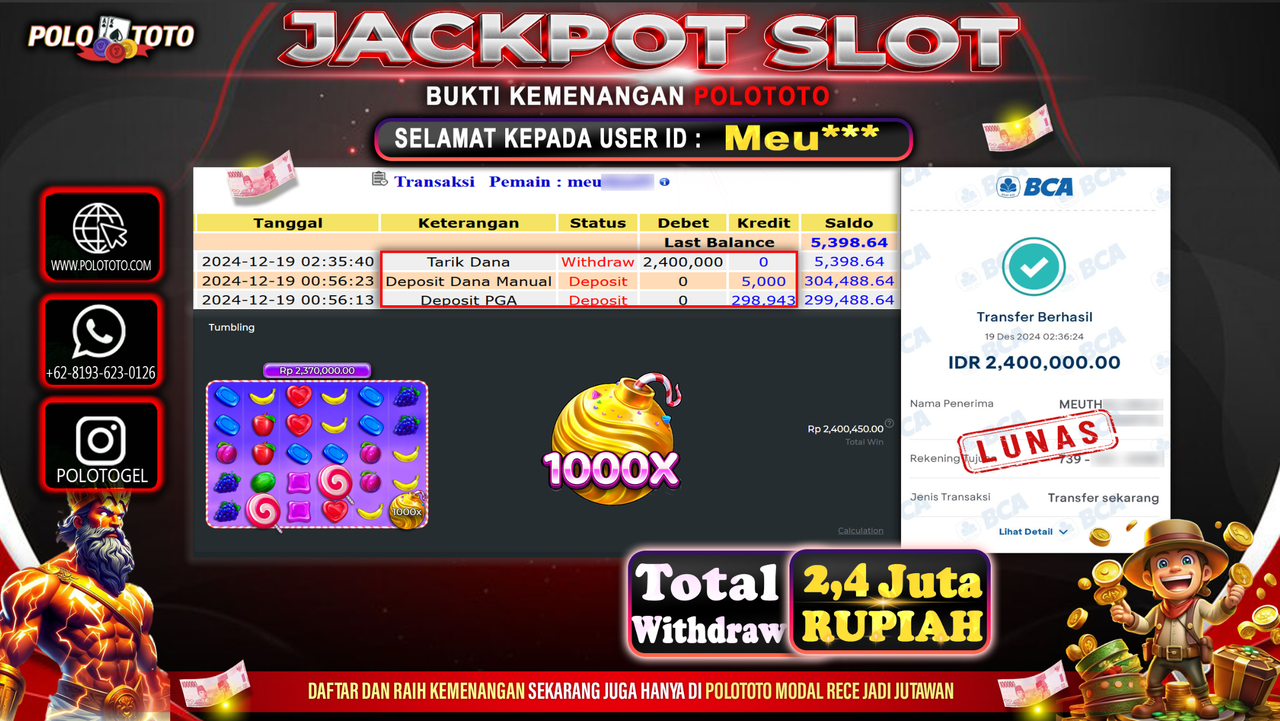 POLOTOTO JACKPOT SLOT SWEET BONANZA 1000 Rp.2,400.000,- 